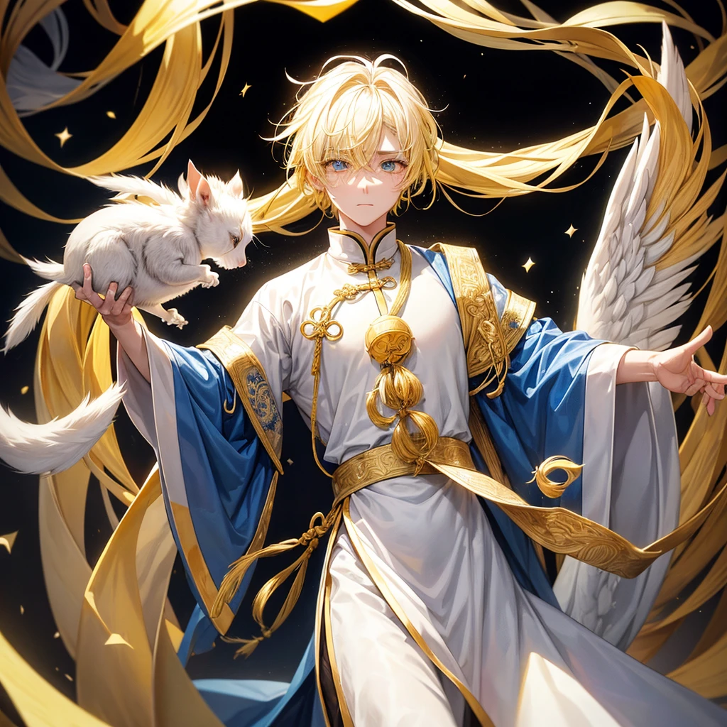 A guy with yellow hair with long eyes of white color, tears of golden color, white squirrels of black color in his eyes, blue color, star, Chinese ancient clothes 