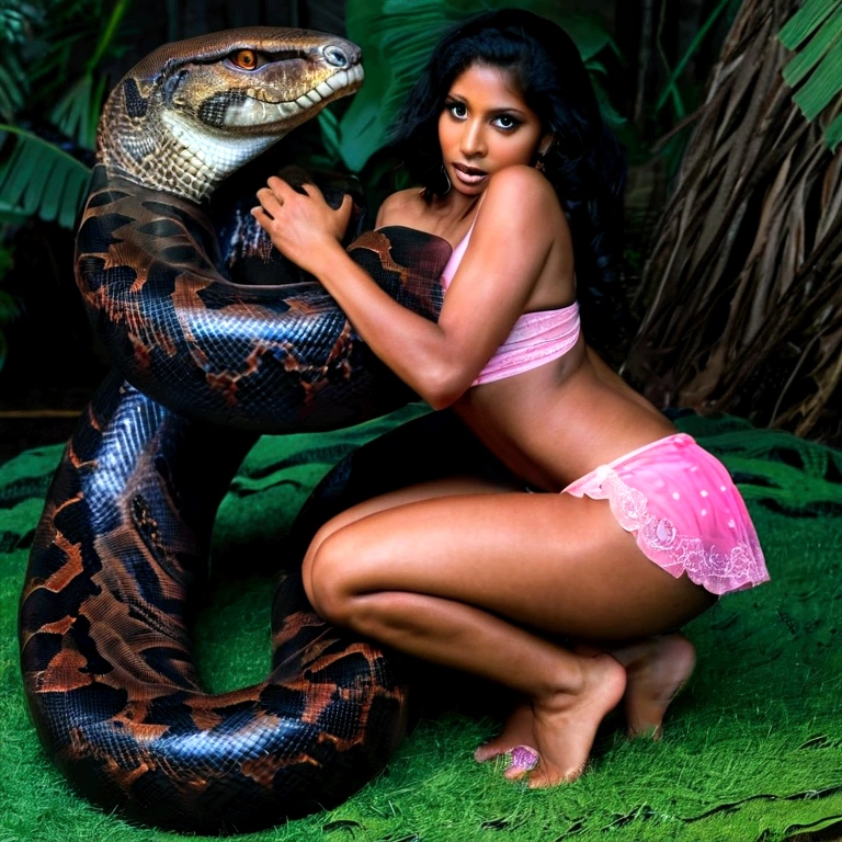 Topless pink panties Happy Horny, aroused 1girl), beautiful kneeling Indian young girl with giant colossal black titanboa squeezing her hard, wrapped in thick spiraling coils, constricted, struggle, gasping for air, snake attack, snake peril, moonless night, dim light