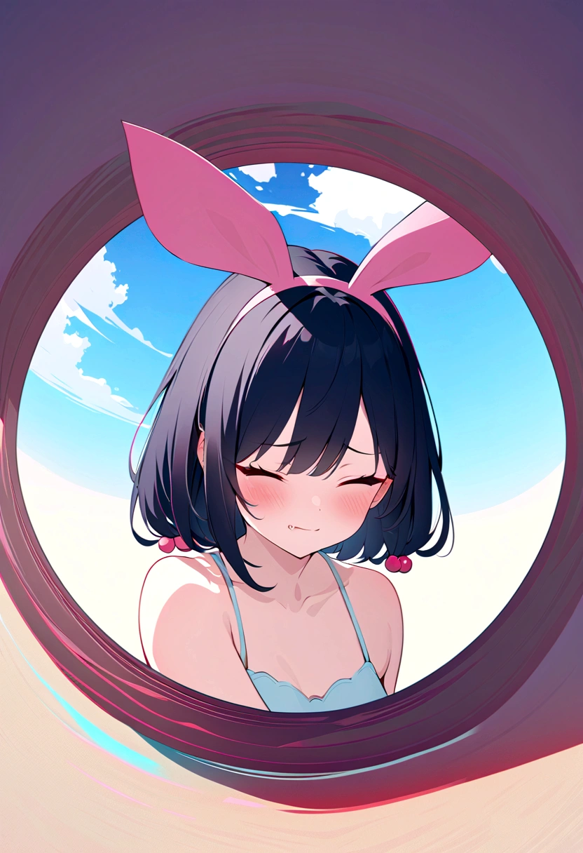 black hair, hair bobbles, wince, longeyelashes, solid circle eyes, fake animal ears, light smile, ear blush, fang, ccurate, Surrealism, drop shadow, anaglyph, stereogram, tachi-e, pov, atmospheric perspective, 8k, super detail, best quality