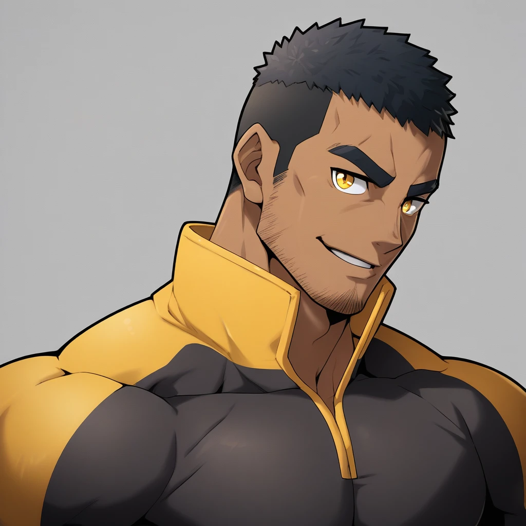 anime characters：Gyee, Muscle Sports Student, negro black skin, Buzz Cut，1 dark skin muscular tough guy, Manliness, male focus, Dark yellow high collar long sleeve wetsuit, Matte texture, Very tight, Slightly transparent, muscular male, muscular, only, Upper body, alone, Black short hair, Thick eyebrows, stubble, Yellow eyes, Grey background, simple background, amazing quality, best aesthetics, Ridiculous, bright pupils, crew cut, parted lips, seductive smile, torogao, naughty face,  best quality