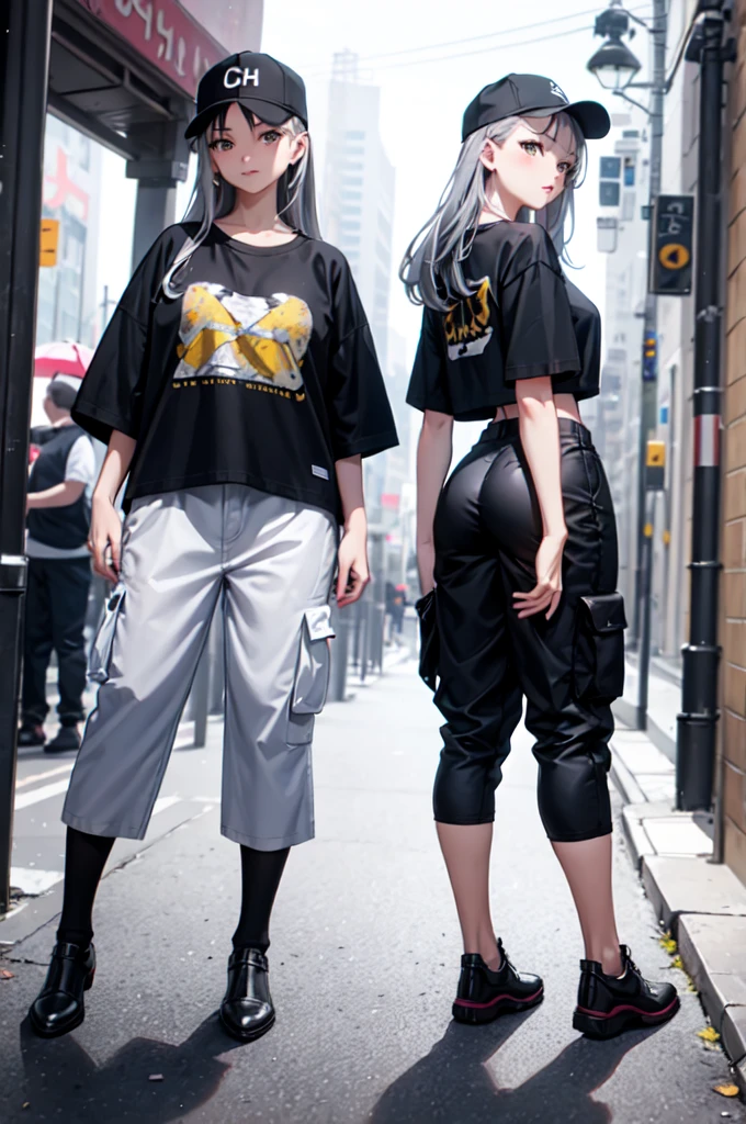 ((best quality)), ((masterpiece)), (detailed), 1girl, oversized baggy t-shirt, oversized baggy cargo pants, long silver hair, perfect face, perfect body, curved body, tall girl, standing, back straight, facing the camera, wearing a black cap