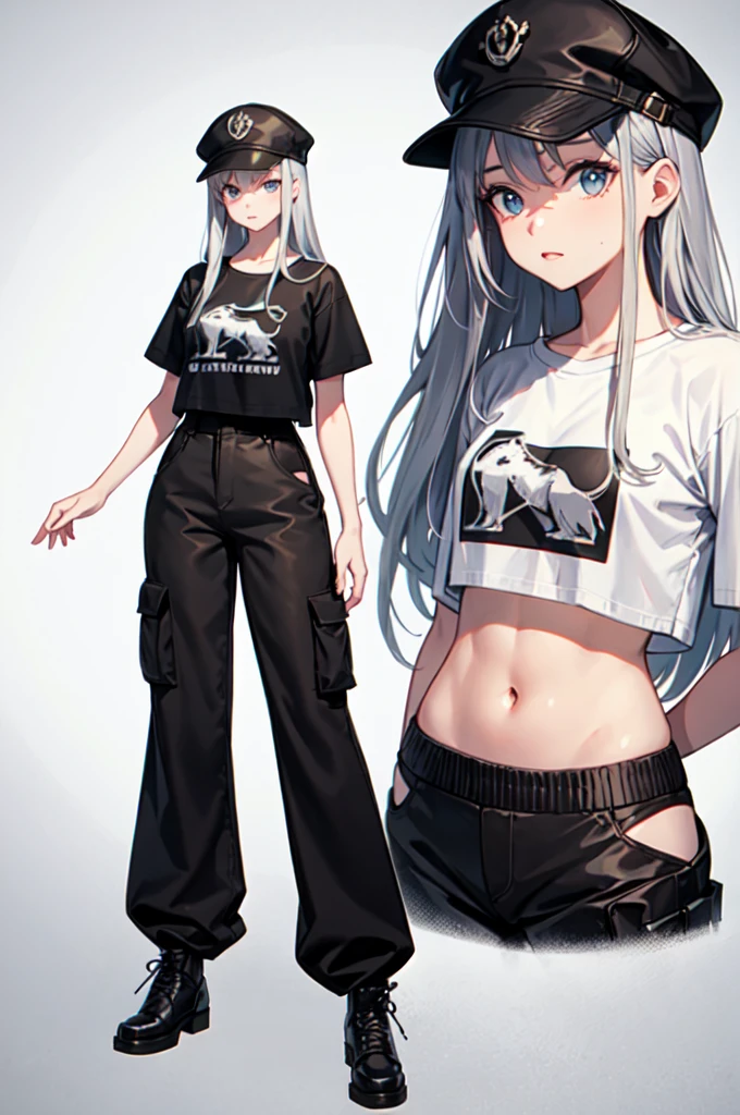 ((best quality)), ((masterpiece)), (detailed), 1girl, oversized baggy t-shirt, oversized baggy cargo pants, long silver hair, perfect face, perfect body, curved body, tall girl, standing, back straight, facing the camera, wearing a black cap