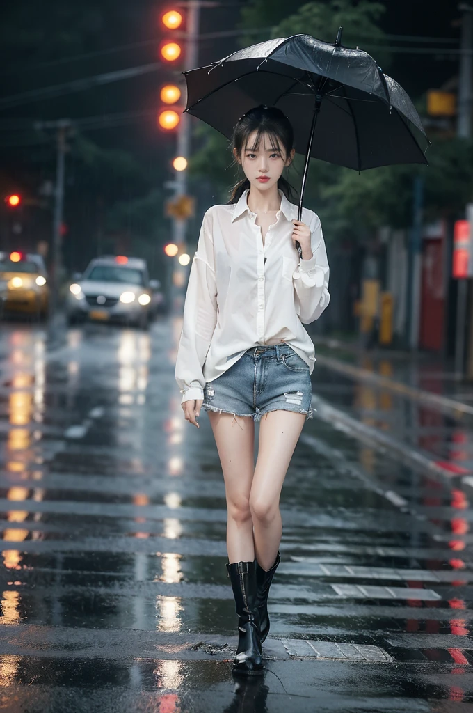 (((best quality))),(((ultra detailed))),(((masterpiece))),illustration,1girl, young,solo, slim,thin,short ponytail,small breasts,flat chest,white collared shirt,shorts,slender legs,boots,standing,rainy night, heavy rain, drenched clothes, melancholy expression, solitude, tear rolling down cheek, wet hair, empty streets, dimly lit, deserted environment, sound of rain, footsteps, discarded umbrella on the ground, symbol of hope, abandoned, resilience, determination, walking in rain, heartbreak, loss, love fading, loneliness, body language, facial expression, dreary atmosphere, rain-soaked streets, somber mood, viewer engagement,full body