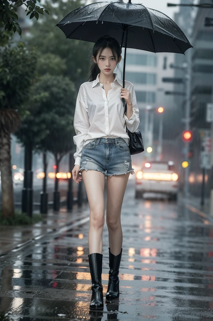 (((best quality))),(((ultra detailed))),(((masterpiece))),illustration,1girl, young,solo, slim,thin,short ponytail,small breasts,flat chest,white collared shirt,shorts,slender legs,boots,standing,rainy night, heavy rain, drenched clothes, melancholy expression, solitude, tear rolling down cheek, wet hair, empty streets, dimly lit, deserted environment, sound of rain, footsteps, discarded umbrella on the ground, symbol of hope, abandoned, resilience, determination, walking in rain, heartbreak, loss, love fading, loneliness, body language, facial expression, dreary atmosphere, rain-soaked streets, somber mood, viewer engagement,full body