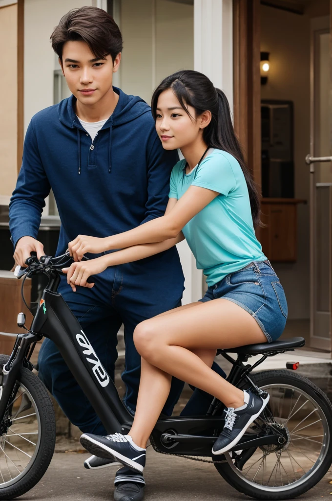 A girl and a boy are riding on a bike