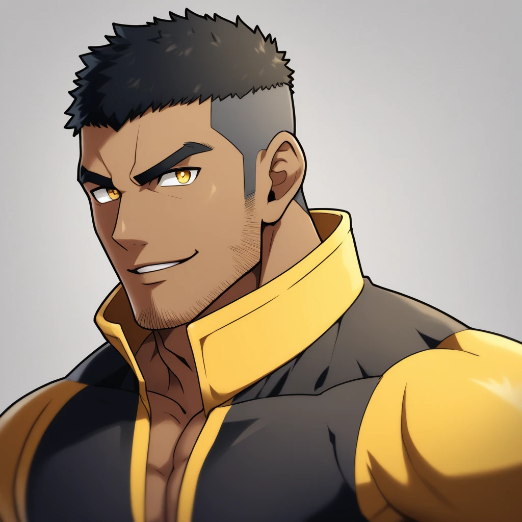 anime characters:Gyee, Muscle Sports Student, negro black skin, Buzz Cut,1 dark skin muscular tough guy, Manliness, male focus, Dark yellow high collar long sleeve wetsuit, Matte texture, Very tight, Slightly transparent, muscular male, muscular, only, Upper body, alone, Black short hair, Thick eyebrows, stubble, Yellow eyes, Grey background, simple background, amazing quality, best aesthetics, Ridiculous, bright pupils, crew cut, parted lips, seductive smile, torogao, naughty face, best quality