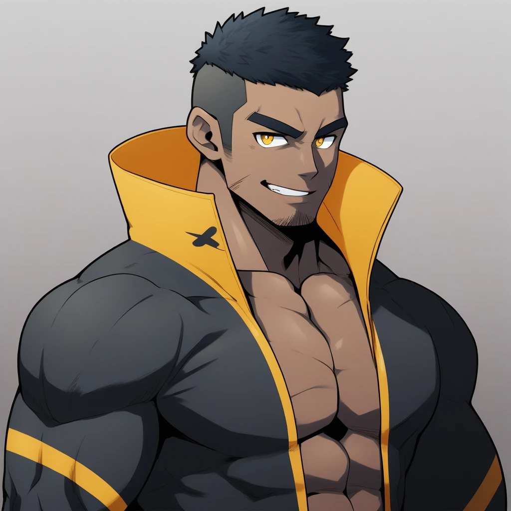anime characters:Gyee, Muscle Sports Student, negro black skin, Buzz Cut,1 dark skin muscular tough guy, Manliness, male focus, Dark yellow high collar long sleeve wetsuit, Matte texture, Very tight, Slightly transparent, muscular male, muscular, only, Upper body, alone, Black short hair, Thick eyebrows, stubble, Yellow eyes, Grey background, simple background, amazing quality, best aesthetics, Ridiculous, bright pupils, crew cut, parted lips, seductive smile, torogao, naughty face, best quality