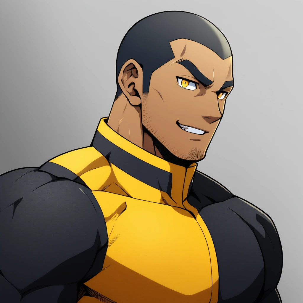 anime characters：Gyee, Muscle Sports Student, ????? black skin, Buzz Cut，1 dark skin muscular tough guy, Manliness, male focus, Dark yellow high collar long sleeve wetsuit, Matte texture, Very tight, Slightly transparent, muscular male, muscular, only, Upper body, alone, Black short hair, Thick eyebrows, stubble, Yellow eyes, Grey background, simple background, amazing quality, best aesthetics, Ridiculous, bright pupils, crew cut, parted lips, seductive smile, torogao, naughty face,  best quality