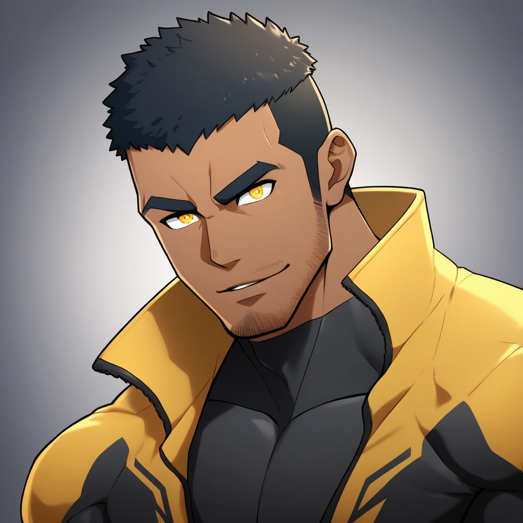 anime characters:Gyee, Muscle Sports Student, negro black skin, Buzz Cut,1 dark skin muscular tough guy, Manliness, male focus, Dark yellow high collar long sleeve wetsuit, Matte texture, Very tight, Slightly transparent, muscular male, muscular, only, Upper body, alone, Black short hair, Thick eyebrows, stubble, Yellow eyes, Grey background, simple background, amazing quality, best aesthetics, Ridiculous, bright pupils, crew cut, parted lips, seductive smile, torogao, naughty face, best quality