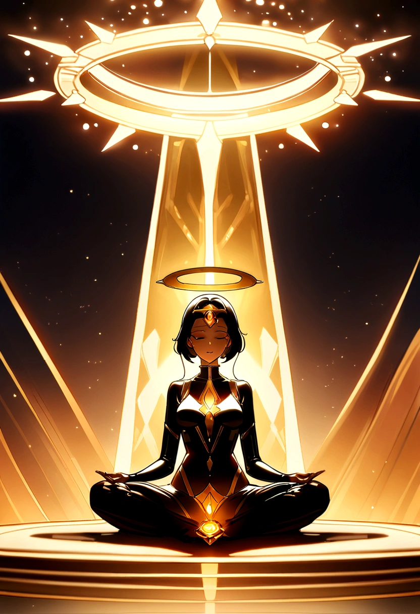A woman meditates in front of a halo, red and gold style, Atjem, Ultra-high-definition images, gongbi, Vision, Mysterious mechanics, Queen Core