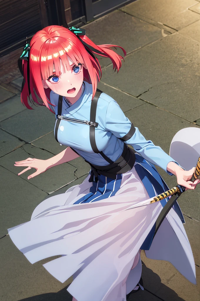Nino　nanaco、short hair, Twin tails、Pink Hair、 blue eyes, hair ornaments, Hair Ribbon, blunt , Both sides up, butterfly hair ornaments, skirt,Off the shoulder、Random color see-through kunoichi costume、Japanese see-through female samurai costume、See-through female ninja costume,, Open clothes, Collared dress emphasizes cleavage、胸の谷間のSweat is noticeable、Professional lighting light reflection、 looking at viewer, (masterpiece:1.2), Highest quality, High resolution, unity 8k wallpaper, (figure:0.8), (Beautiful fine details:1.6), Highly detailed face, Perfect lighting, Highly detailed CG, (Perfect hands, Perfect Anatomy),heavy rain、heavy rainで全身びしょ濡れ、heavy rainで全身びしょ濡れの服、High heels、 ((Perfect handsの形))、(Perfect foot shape、Embarrassed expression、blush、Gestures to seduce a man、Shining Sweat、Perfect Skin,Sweat is noticeable、太もものSweat is noticeable、 Fair skin,Tight waist, Sweating profusely、Sweaty hair、Sweaty clothes、Sweaty、Visible sweat、rain-wet hair、A vast Western church with stained glass windows、The dynamic movement of holding a sword、