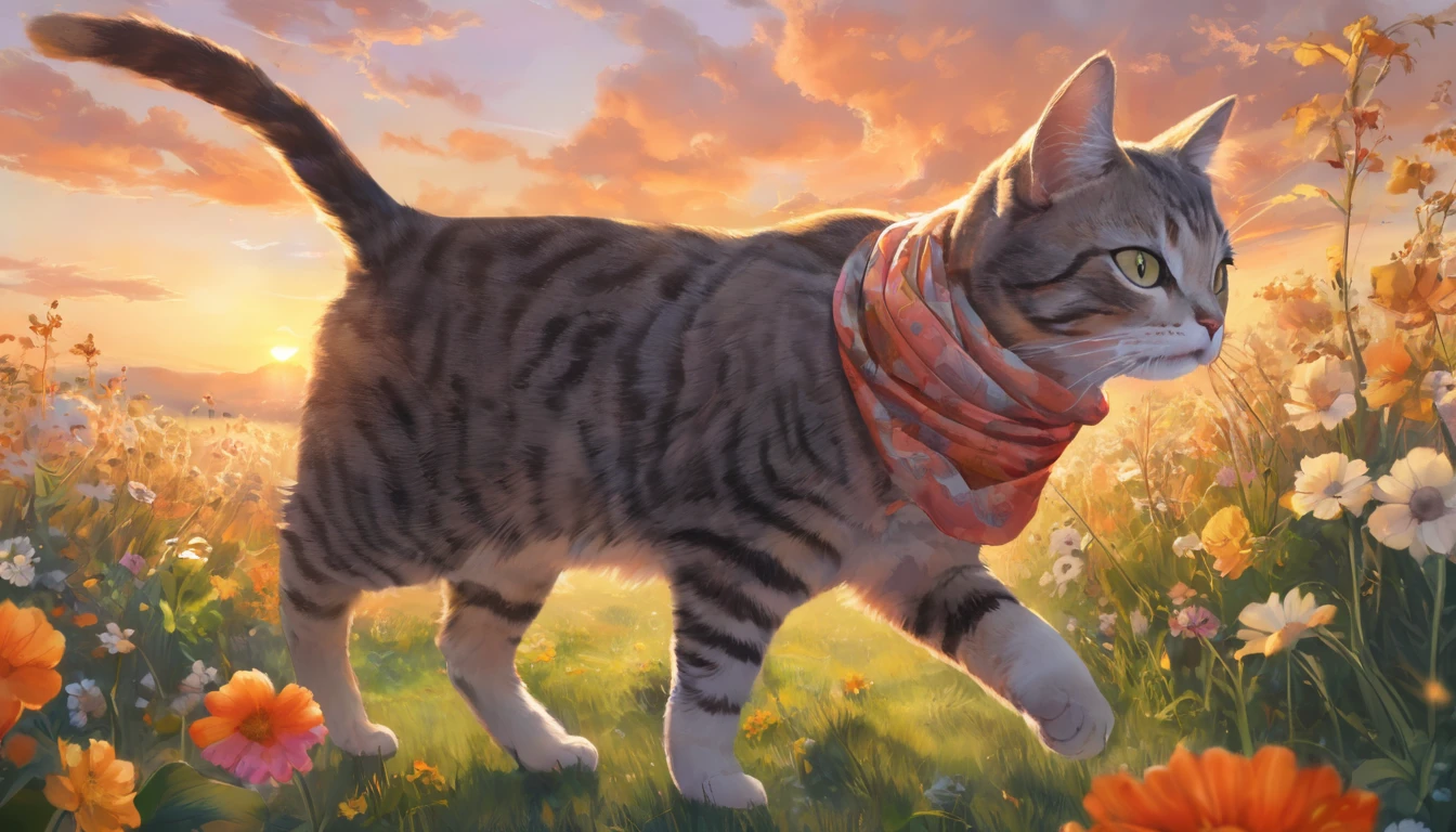 By Alaina Remar、A painting of a cat wearing a small silk scarf. The cat is walking and looks happy. The sunset is beautiful in the summer evening.. In the background there is a field with beautiful flowers.. Cat-focused movies, Dynamic pose, Dynamic Background, Dynamic configuration, Dynamic Lighting, Realistic proportions, High resolution, Ray Tracing,  Very detailed, Super detailed, Intricate details,  Very detailed雰囲気, Very detailedテクスチャ.