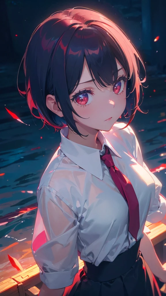 girl with short bob hair,Red eyes ,A shining heaven,Walking in heaven,細い脚
