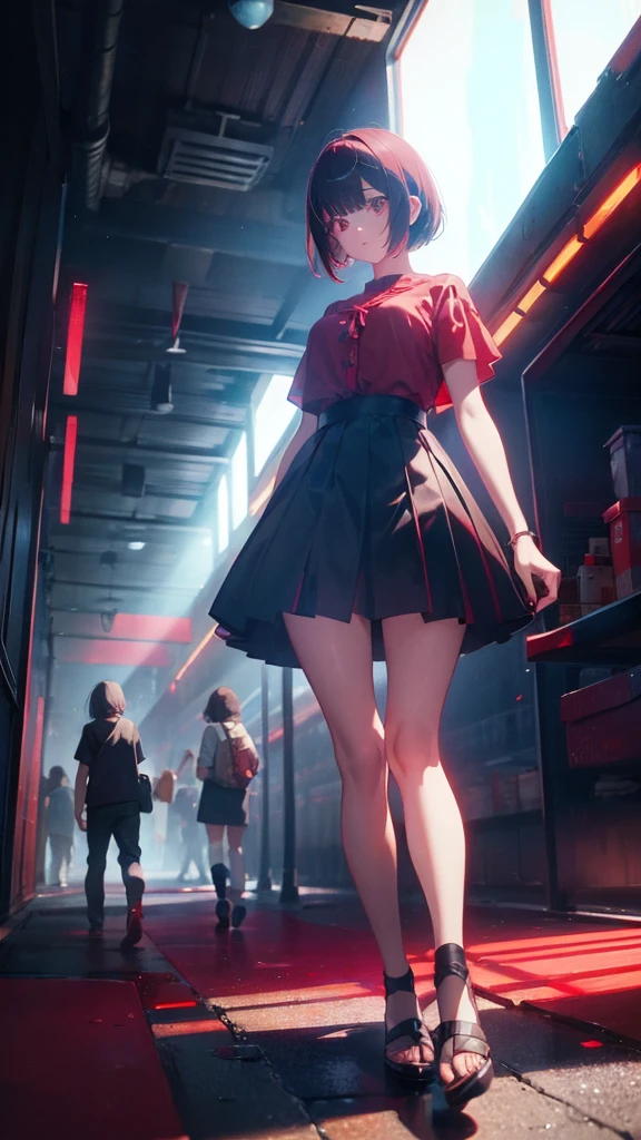 girl with short bob hair,Red eyes ,A shining heaven,Walking in heaven,細い脚
