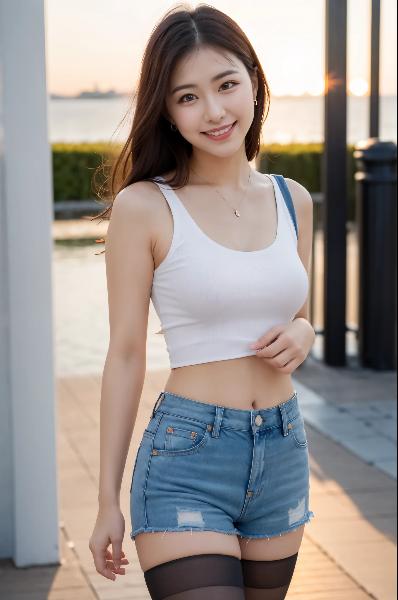 ulzzang-6500-v1.1, (RAW Photos:1.2), (Photorealistic), Beautiful detailed girl, (Genuine: 1.4), (masterpiece), 1 Girl, Photo Model, smile, Focus on the audience, Beautiful lighting, Highest quality, masterpiece, Ultra-high resolution, Realistic, Black Hair, Short tank top, Shorts, Ultra-realistic pantyhose、super Realistic stockings, Medium chest, White skin,( Sunset background:1.4), Walking along with a smile、Full Body Shot:1.2, Joy、delight、Happiness、