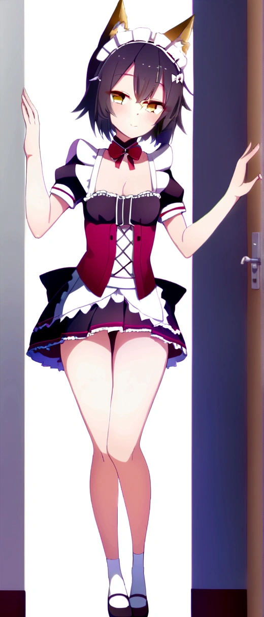 Senko-san　(One skinny maid:1.3) standing alone in the hallway, (bow:1.5), (Holding her short skirt with both hands、Lift the skirt up:1.4), Standing on tiptoes, break, Black Short Hair, Iris, Bring a smile to your audience, break, (Small breasts), Cleavage, Incredibly Tiny Waist, Slim Hips, Thin long legs, Thigh Gap, break, White Headdress, Short sleeve, (A frilly skirt that&#39;s too short), White ruffled apron, Fox Girl
