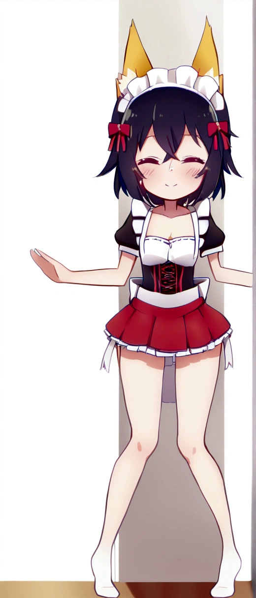 Senko-san　(One skinny maid:1.3) standing alone in the hallway, (bow:1.5), (Holding her short skirt with both hands、Lift the skirt up:1.4), Standing on tiptoes, break, Black Short Hair, Iris, Bring a smile to your audience, break, (Small breasts), Cleavage, Incredibly Tiny Waist, Slim Hips, Thin long legs, Thigh Gap, break, White Headdress, Short sleeve, (A frilly skirt that&#39;s too short), White ruffled apron, Fox Girl
