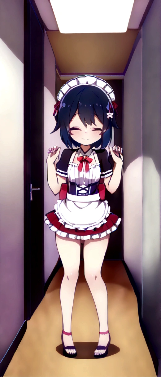 Senko-san　(One skinny maid:1.3) standing alone in the hallway, (bow:1.5), (Holding her short skirt with both hands、Lift the skirt up:1.4), Standing on tiptoes, break, Black Short Hair, Iris, Bring a smile to your audience, break, (Small breasts), Cleavage, Incredibly Tiny Waist, Slim Hips, Thin long legs, Thigh Gap, break, White Headdress, Short sleeve, (A frilly skirt that&#39;s too short), White ruffled apron, Fox Girl
