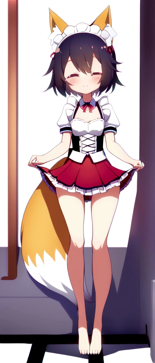 Senko-san　(One skinny maid:1.3) standing alone in the hallway, (bow:1.5), (Holding her short skirt with both hands、Lift the skirt up:1.4), Standing on tiptoes, break, Black Short Hair, Iris, Bring a smile to your audience, break, (Small breasts), Cleavage, Incredibly Tiny Waist, Slim Hips, Thin long legs, Thigh Gap, break, White Headdress, Short sleeve, (A frilly skirt that&#39;s too short), White ruffled apron, Fox Girl
