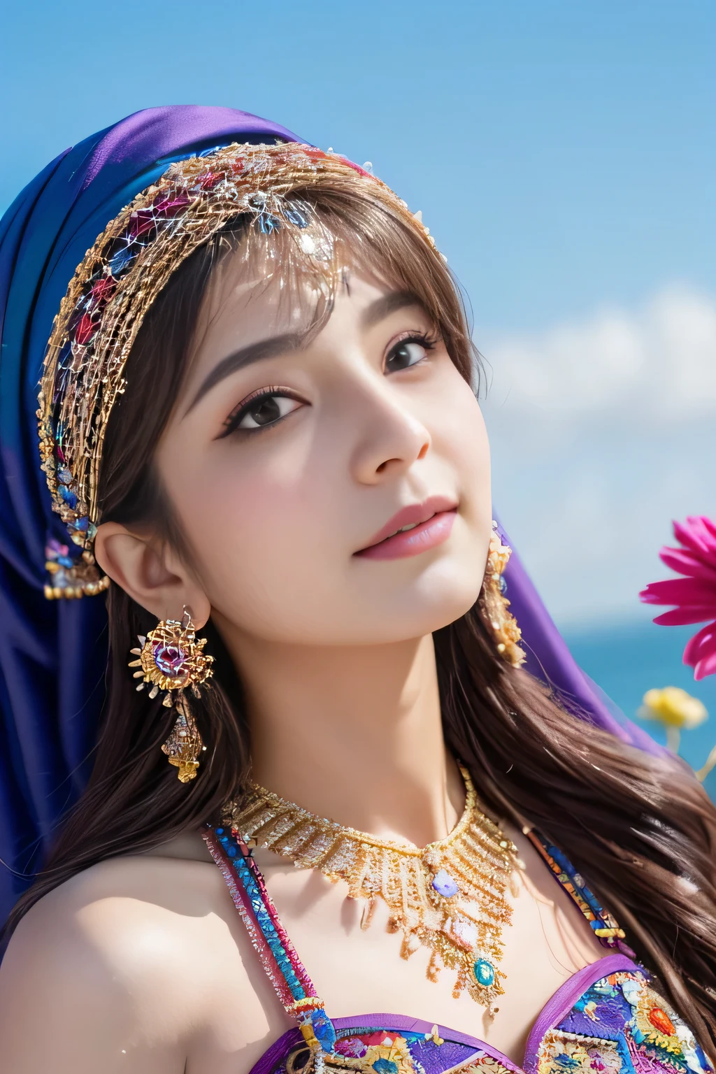 colorful, sky, flowers, magical, fantasy, tale, top-quality,Beautiful detailed hijabi,Bewitching face,tzuyu iu yooa ,long lashes,Wearing a colorful bellydancer,Detailed details,Colossal ,With cleavage, underboob, sideboob,stares at the camera, hogwarts