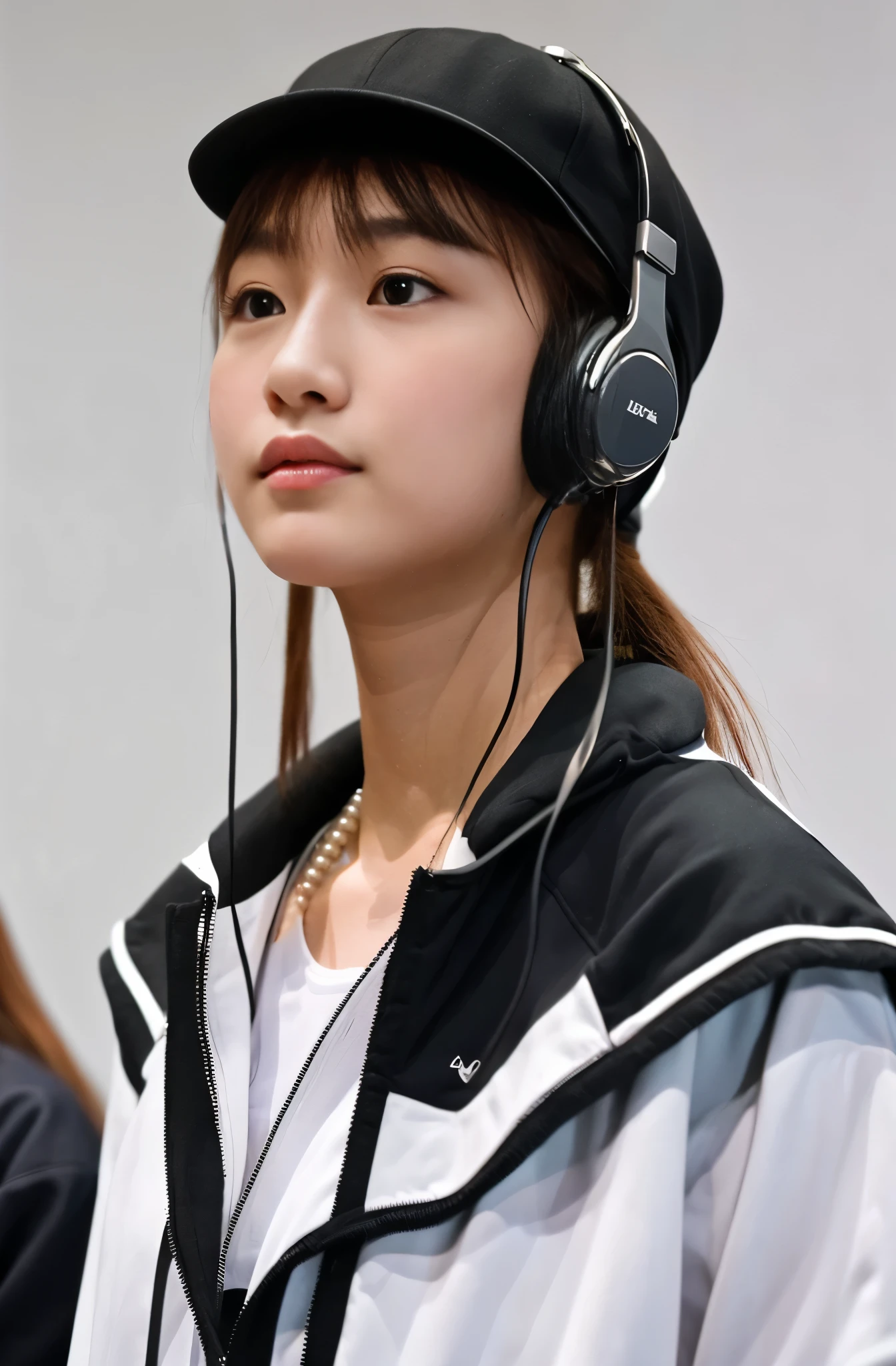 A handsome Japanese 20-year-old girl with a cap on her head ,headphones around her neck , half-length photo, facing the audience directly, symmetrical facial close-up, facing the audience head-on, wearing modern and stylish sportswear, art clothes, pearls, H. R. Giger, white background