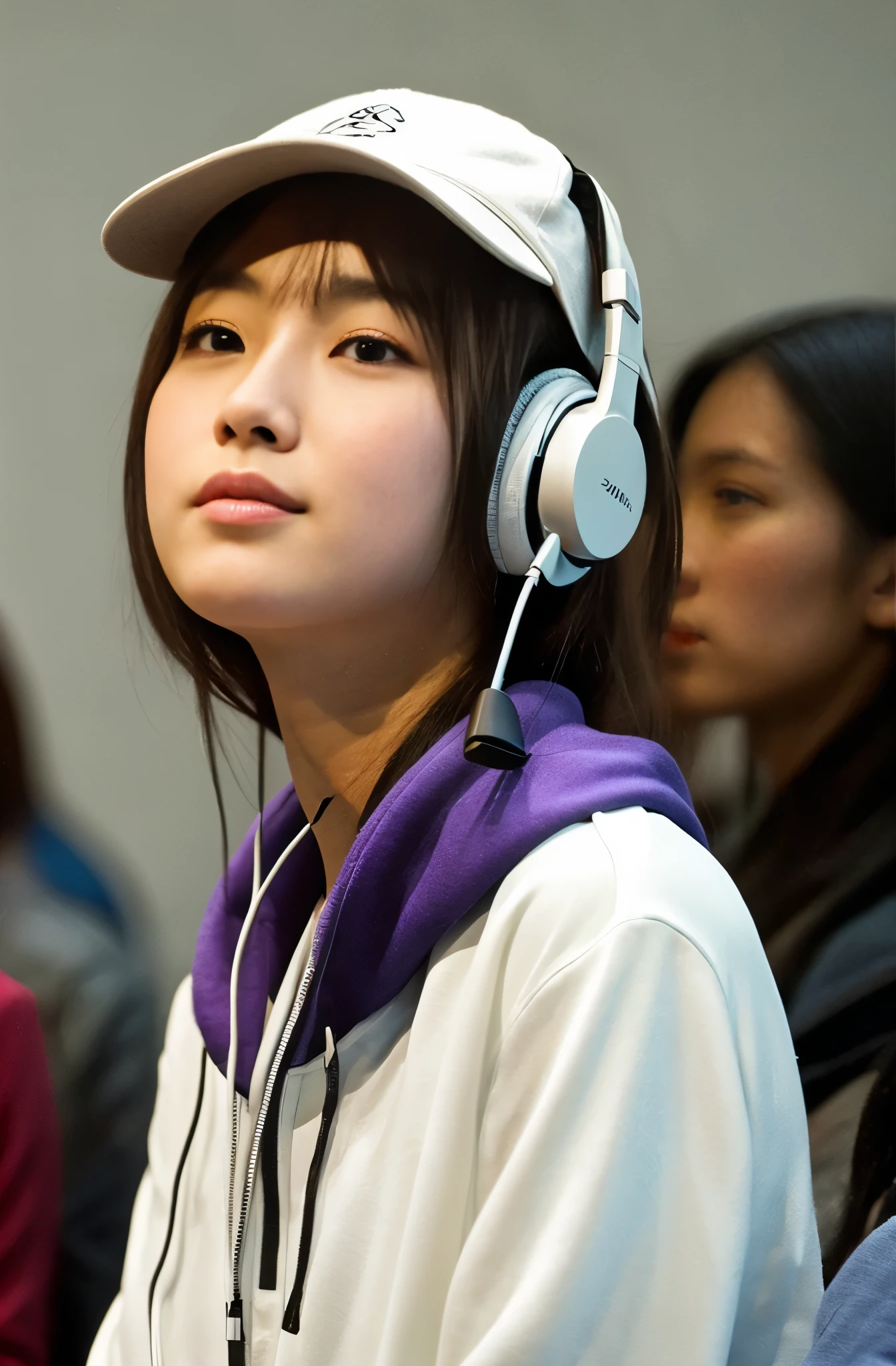 A handsome Japanese 20-year-old girl with a cap on her head ,headphones around her neck , half-length photo, facing the audience directly, symmetrical facial close-up, facing the audience head-on, wearing modern and stylish sportswear, art clothes, pearls, H. R. Giger, white background