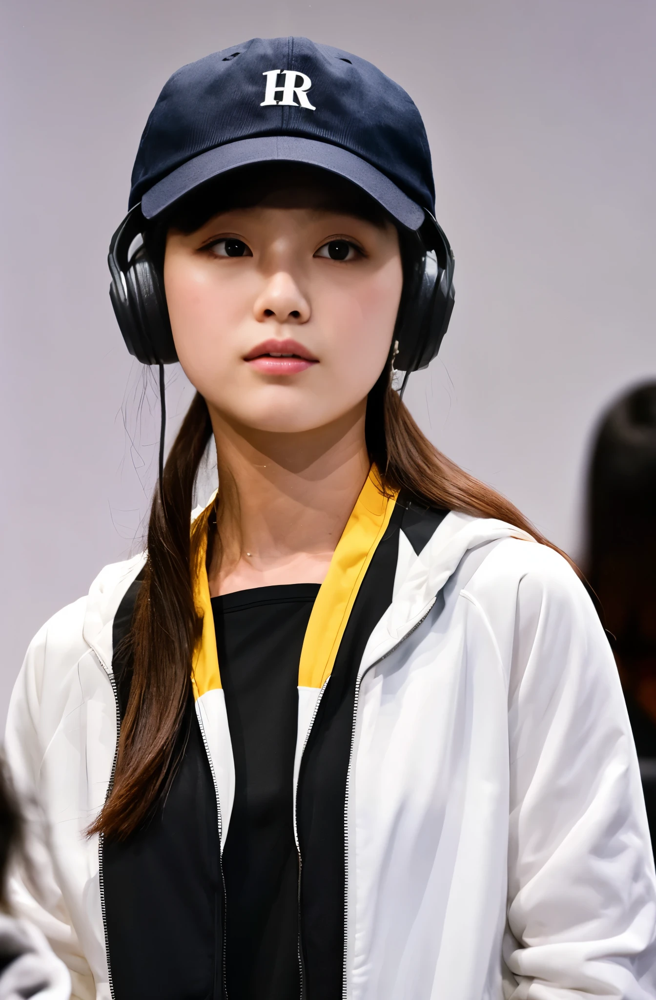 A handsome Japanese 20-year-old girl with a cap on her head ,headphones around her neck , half-length photo, facing the audience directly, symmetrical facial close-up, facing the audience head-on, wearing modern and stylish sportswear, art clothes, pearls, H. R. Giger, white background