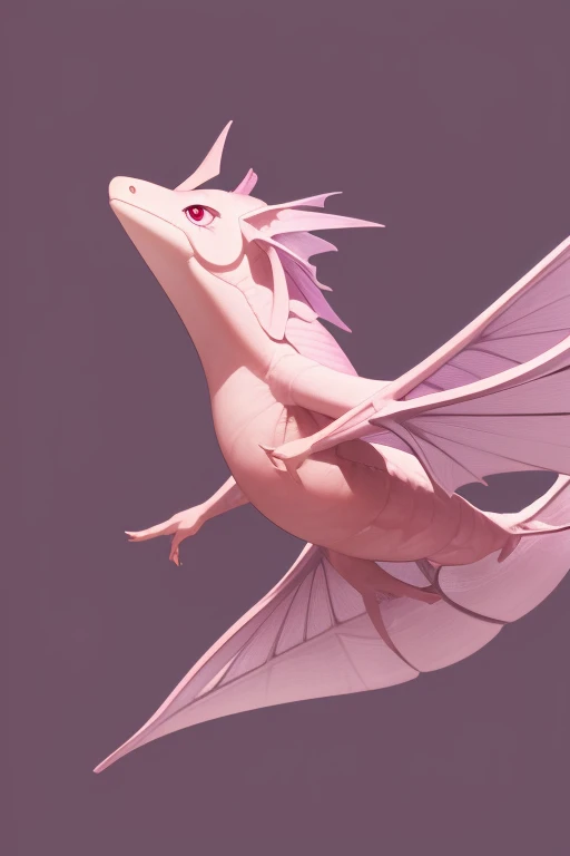 a large pink flying axolotl dragon looking directly at the viewer pale purple background