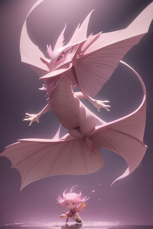 a large pink flying axolotl dragon looking directly at the viewer pale purple background