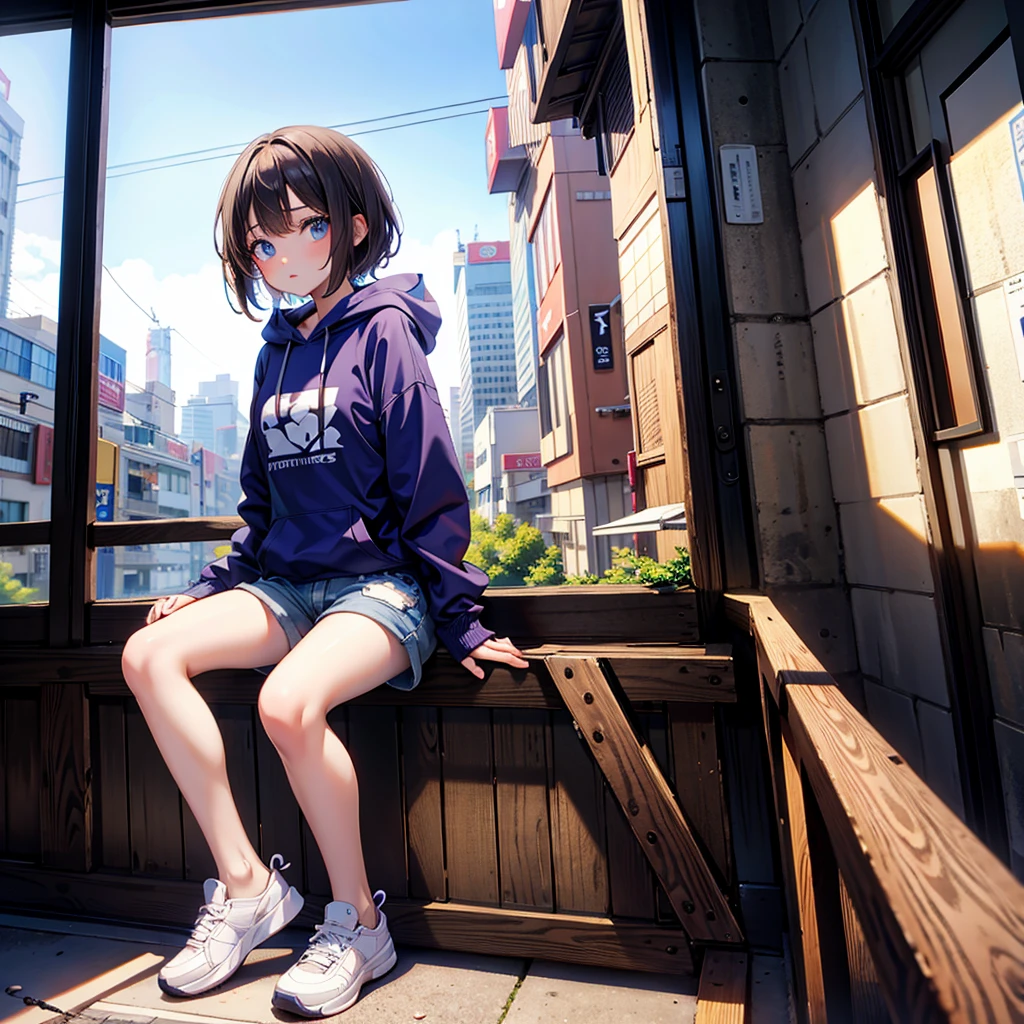 (masterpiece), (high resolution 8K), professional illustration, 1 girl, late age, sitting, turn around, arched back, wave hand, full body, from front, dutch angle, hoody, shorts, short hair, embarrassed, looking at viewer, cityscape in Tokyo, daytime, in summer, natural lighting, stunning face, symmetrical clear eyes, detailed eyes and face