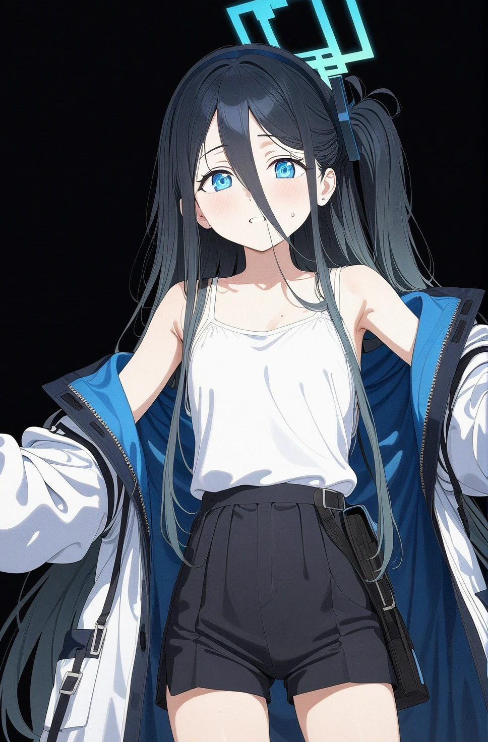 best quality, amazing quality, very aesthetic, absurdres, 1girl, aris (blue archive), blue archive, blue eyes, shorts, (artist official art:1.5), (from ), (realistic face), (narrowed eyes), (cowboy shot), ), , (thigh), expressive eyes, perfect face, 4k, extremely detailed anime illustration, extremely detailed eyes, enhanced details, perfect anatomy, light rays, photo background, extremely delicate body, smooth skin, feminine expression, (black background:1.5), cristal clear eyes, beautiful face,