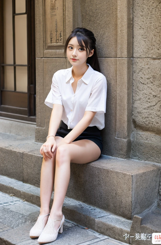 22w 2020s fashion, full body of a 20-year-old Japanese beauty sitting, snapshot not looking at the camera, double and big eyes, face is downcast, beautiful thigh