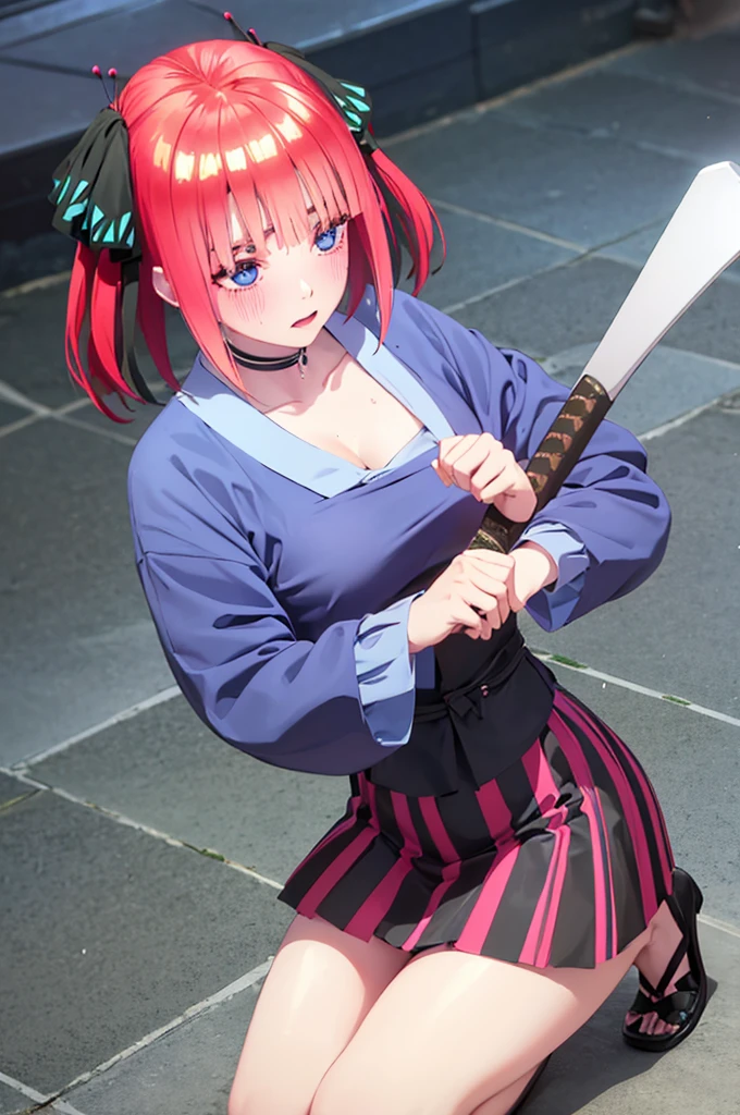 Nino　nanaco、short hair, Twin tails、Pink Hair、 blue eyes, hair ornaments, Hair Ribbon, blunt , Both sides up, butterfly hair ornaments, skirt,Off the shoulder、Random color see-through kunoichi costume、Japanese see-through female samurai costume、See-through female ninja costume,, Open clothes, Collared dress emphasizes cleavage、胸の谷間のSweat is noticeable、Professional lighting light reflection、 looking at viewer, (masterpiece:1.2), Highest quality, High resolution, unity 8k wallpaper, (figure:0.8), (Beautiful fine details:1.6), Highly detailed face, Perfect lighting, Highly detailed CG, (Perfect hands, Perfect Anatomy),heavy rain、heavy rainで全身びしょ濡れ、heavy rainで全身びしょ濡れの服、High heels、 ((Perfect handsの形))、(Perfect foot shape、Embarrassed expression、blush、Gestures to seduce a man、Shining Sweat、Perfect Skin,Sweat is noticeable、太もものSweat is noticeable、 Fair skin,Tight waist, Sweating profusely、Sweaty hair、Sweaty clothes、Sweaty、Visible sweat、rain-wet hair、A vast Western church with stained glass windows、Holding a Japanese sword