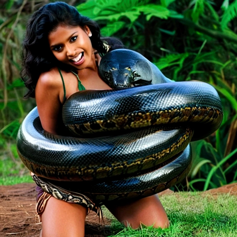  Happy Horny, aroused 1girl), beautiful kneeling Indian  girl  with  giant colossal black titanboa squeezing her hard, wrapped in thick spiraling coils, constricted, struggle, gasping for air, snake attack, snake peril, moonless night, dim light