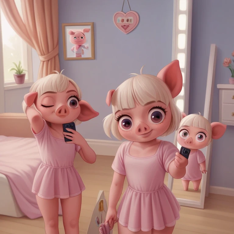 3D rendered illustration, only one cute chibi-style pig character taking a selfie in front of a mirror. Big round eyes, soft pastel pink skin, tiny ears. Wearing a fashionable mini dress. Modern bedroom background. Kawaii aesthetic, Pixar-inspired, charming and adorable. Smooth textures, soft lighting.