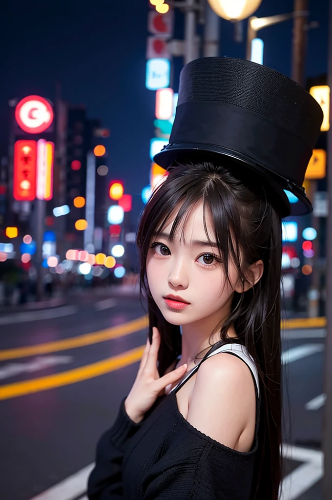 One girl, Tokyo Street,night, Cityscape,City lights, Upper Body,close, 8K, RAW Photos, Highest quality, masterpiece,Realistic, photo-Realistic,