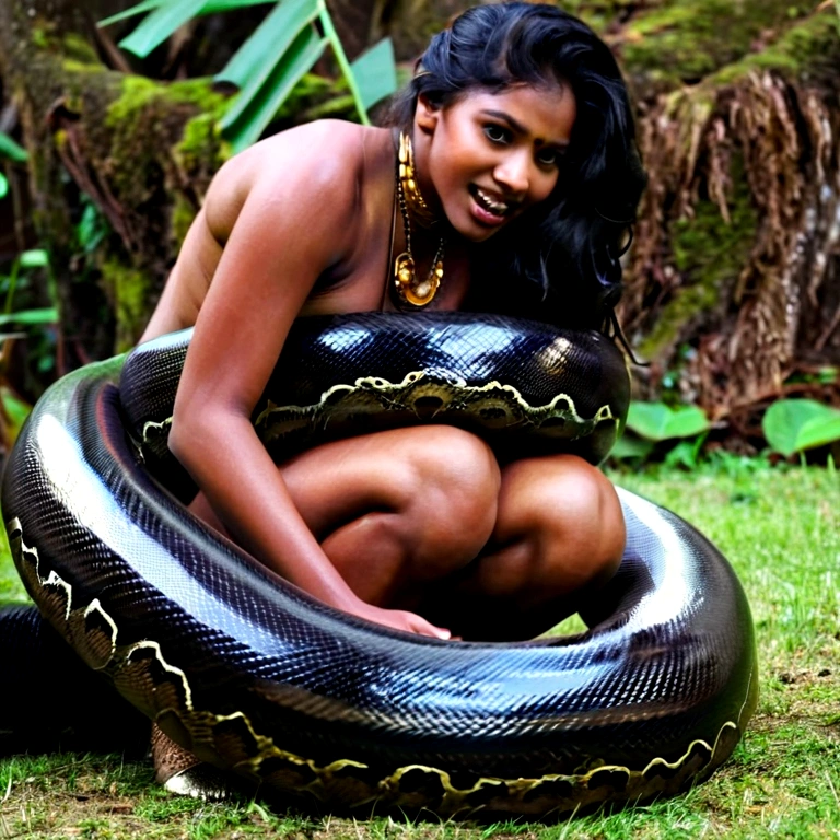  Happy Horny, aroused 1girl), beautiful kneeling Indian young  girl  with  giant colossal black titanboa squeezing her hard, wrapped in thick spiraling coils, constricted, struggle, gasping for air, snake attack, snake peril, moonless night, dim light