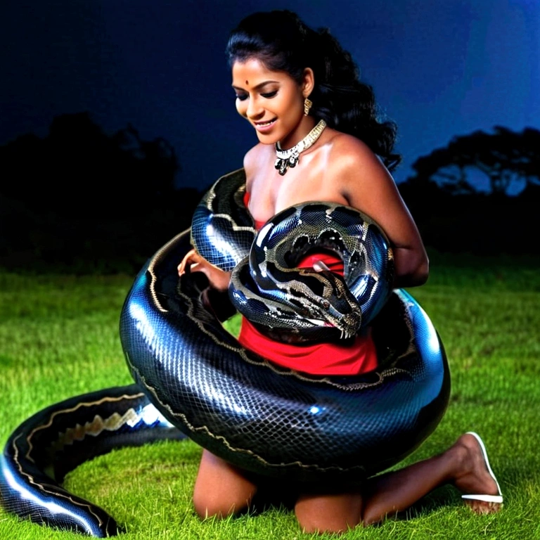 Happy Horny, aroused 1girl), beautiful kneeling Indian young girl with giant colossal black titanboa squeezing her hard, wrapped in thick spiraling coils, constricted, struggle, gasping for air, snake attack, snake peril, moonless night, dim light