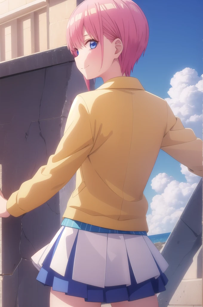 ((masterpiece)),(best quality),official art,extremely detailed CG,unity 8k wallpaper,ultra detailed,A lighthouse on a cliff by the sea,1girl,solo,upper body,(portrait:1.2),short_hair,pink_hair,blue_eyes,blue_jacket,white_shirt,green_skirt,bangs,school_uniform,smile,collared_shirt,hair, 1girl, solo, ass, anus, looking back, multicolored hair, white background, spread anus, looking at viewer, simple background, white hair, pussy, spread ass, stick out ass, black tights, grab ass, Spread ass, grab ass with hands,