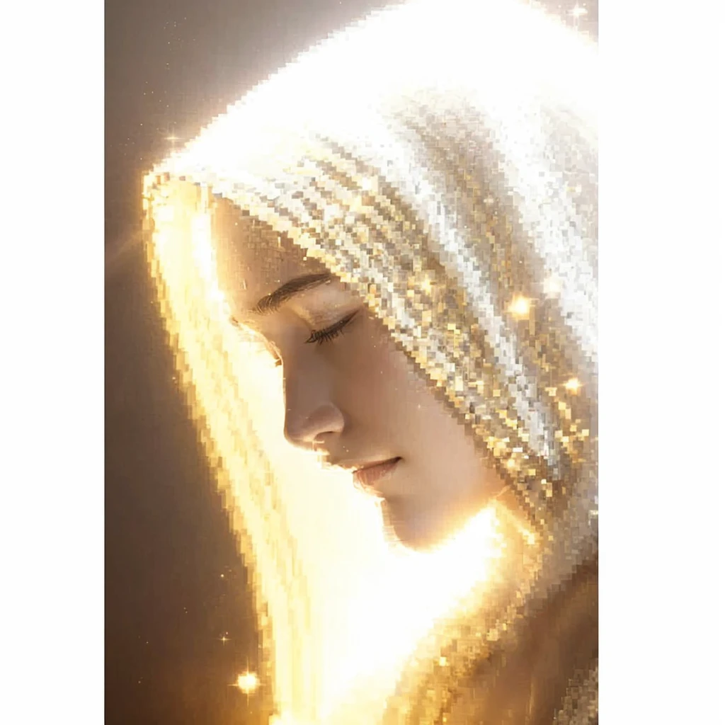 Very real image. Beautiful profile face of an illuminated being, with completely white skin, closed eyes, small and perfectly symmetrical nose, small lips, a white hood with bright gold sparkles covers his head, his face is tilted downwards with a tender and ceremonial posture. Photorealism, full view, highly detailed image, very realistic, hyperrealism, Ultra HD, 8k, 5, sharp focus, intricate and mysterious masterpiece. (Long exposure photography Very detailed close-up portrait artistic illustration: final quality, medium shot, backlight, Rich and striking. Enigmatic and mysterious manipulations (composition of the rule of thirds), ((detailed environment with strong lines) The best quality, in camera, white light, warm and clean aesthetics, dazzling screen composed of millions of brilliant ultraviolet rays, HDR.