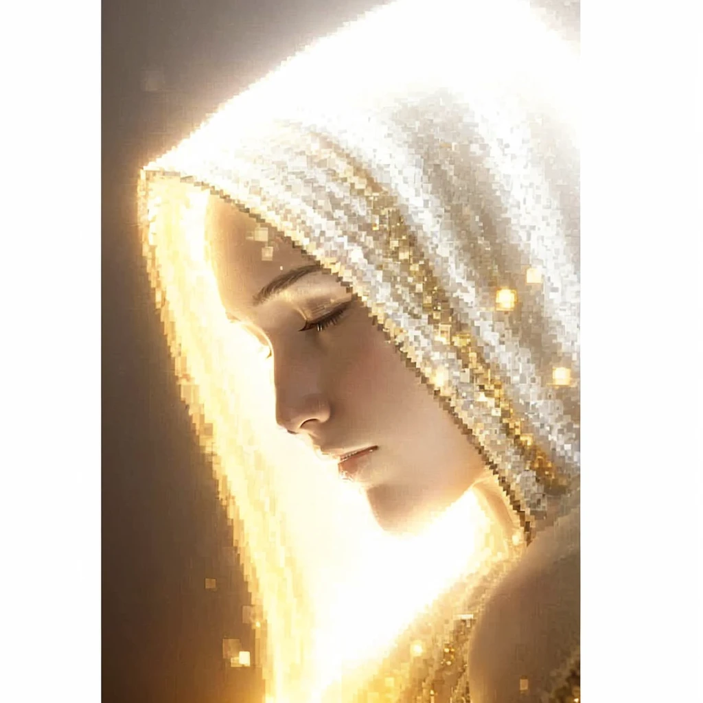 Very real image. Beautiful profile face of an illuminated being, with completely white skin, closed eyes, small and perfectly symmetrical nose, small lips, a white hood with bright gold sparkles covers his head, his face is tilted downwards with a tender and ceremonial posture. Photorealism, full view, highly detailed image, very realistic, hyperrealism, Ultra HD, 8k, 5, sharp focus, intricate and mysterious masterpiece. (Long exposure photography Very detailed close-up portrait artistic illustration: final quality, medium shot, backlight, Rich and striking. Enigmatic and mysterious manipulations (composition of the rule of thirds), ((detailed environment with strong lines) The best quality, in camera, white light, warm and clean aesthetics, dazzling screen composed of millions of brilliant ultraviolet rays, HDR.