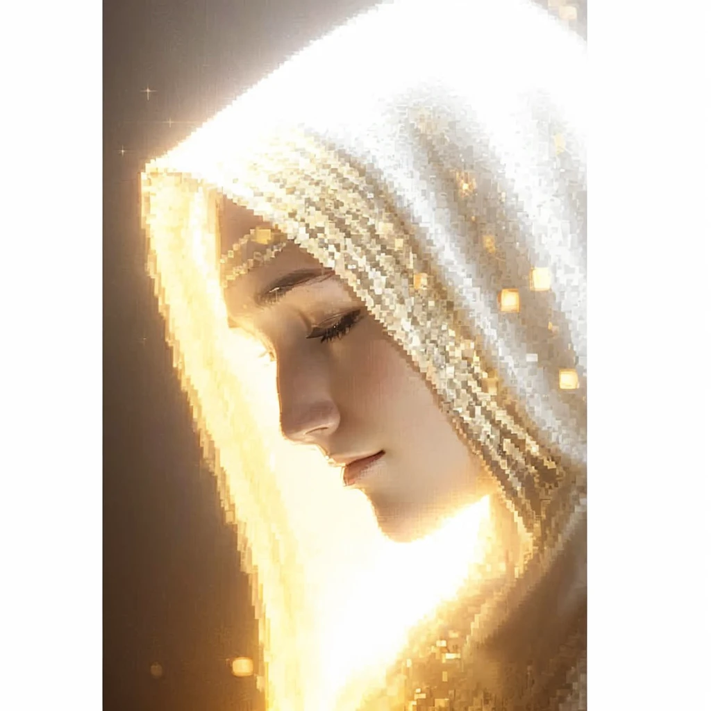 Very real image. Beautiful profile face of an illuminated being, with completely white skin, closed eyes, small and perfectly symmetrical nose, small lips, a white hood with bright gold sparkles covers his head, his face is tilted downwards with a tender and ceremonial posture. Photorealism, full view, highly detailed image, very realistic, hyperrealism, Ultra HD, 8k, 5, sharp focus, intricate and mysterious masterpiece. (Long exposure photography Very detailed close-up portrait artistic illustration: final quality, medium shot, backlight, Rich and striking. Enigmatic and mysterious manipulations (composition of the rule of thirds), ((detailed environment with strong lines) The best quality, in camera, white light, warm and clean aesthetics, dazzling screen composed of millions of brilliant ultraviolet rays, HDR.