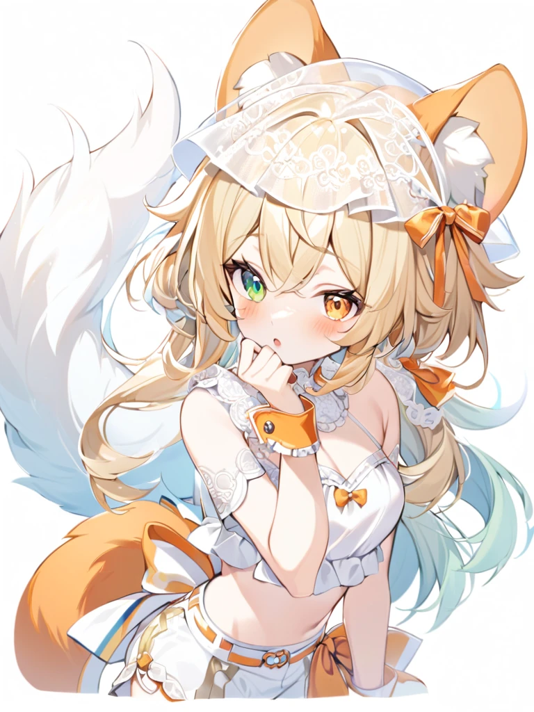 1girl, animal ears, bangs, bare shoulders, blonde hair, blush, bow, breasts, white cleavage, cropped torso, , green eyes, hair ribbon, heterochromia, , looking at viewer, open mouth, orange bow, orange eyes, orange ribbon, ears of an unusual animal, a real tail, a fluffy tail, two tails on the sides, ribbon, solo, stuffed animal, , upper body, full-length, white legbands, white shoes with lace and white bows, white background, wrist cuffs, yellow eyes, bloomers, close-up, fair skin frills, lace, midriff, skirt, solo, , white background,shorts, white top with ribbon and lace and trousers,trousers, genshin,white slippers with a bow,All clothes are white, laceAt full height, it stands,long hair, hairstyle like Miku, two long tails on the sides of the head,face veil, small tattoo on one shoulder, tattoo of ears and curved patterns