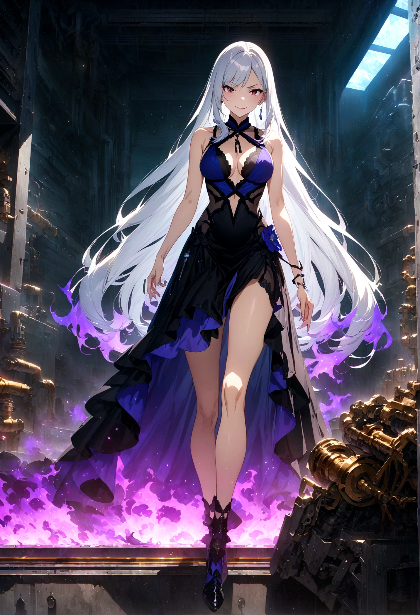 finest masterpiece, Super detailed, Highest quality, Sharp focus, 12k, ultra hi resolution picture, 1girl, tifa lockhart \\(refined dress\\), final fantasyfull body,dark aura,evil smile, masterpiece, best quality, very aesthetic, absurdres, anime artwork, anime style, key visual, vibrant, studio anime, highly detailed,1girl,(Silver Hair:1.4),Very long hair,(mechanical room:1.4)