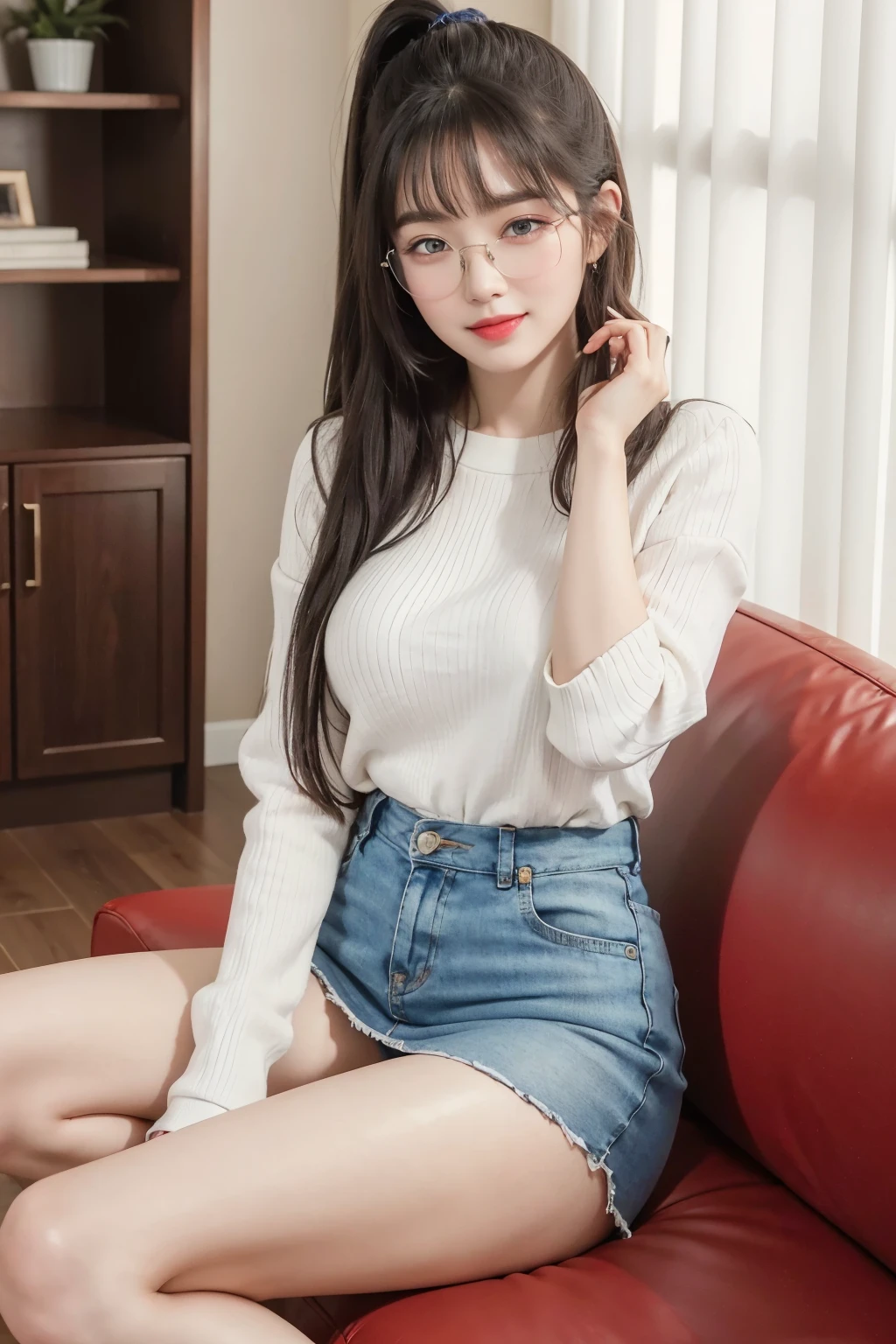 (Best quality, masterpiece, detailed), (RAW, 4k, hd images), shy, 1 girl, 17 years old, white skin, long hair, ponytail, layers hair, bangs, black hair, beautiful girl, cute girl, sweet girl, pretty girl, perfect girl, pretty eyes, blue eyes, thin lips, thin, (eye line, lip stick soft), perfect , glasses(detailed frame), indoors, smile, thigh, oversize clothes, sitting, pose like a model, facing on camera, full body, full legs