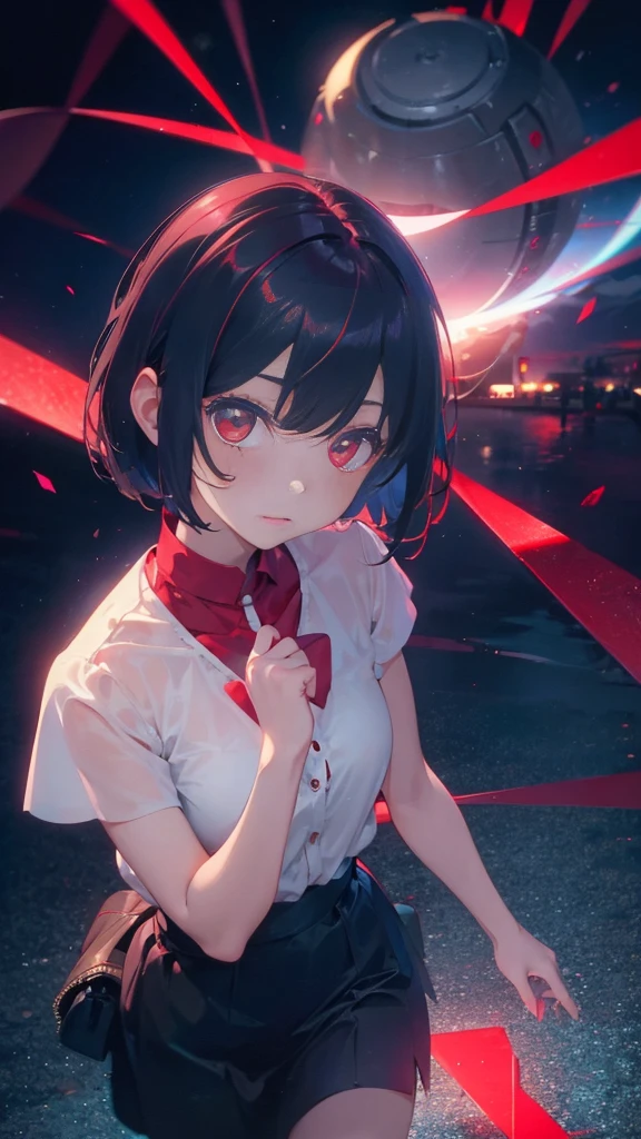 girl with short bob hair,Red eyes ,A shining heaven,Walking in heaven,細い脚