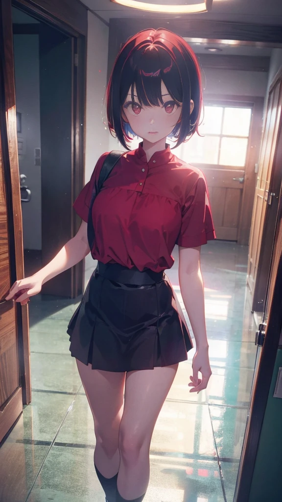 girl with short bob hair,Red eyes ,A shining heaven,Walking in heaven,細い脚