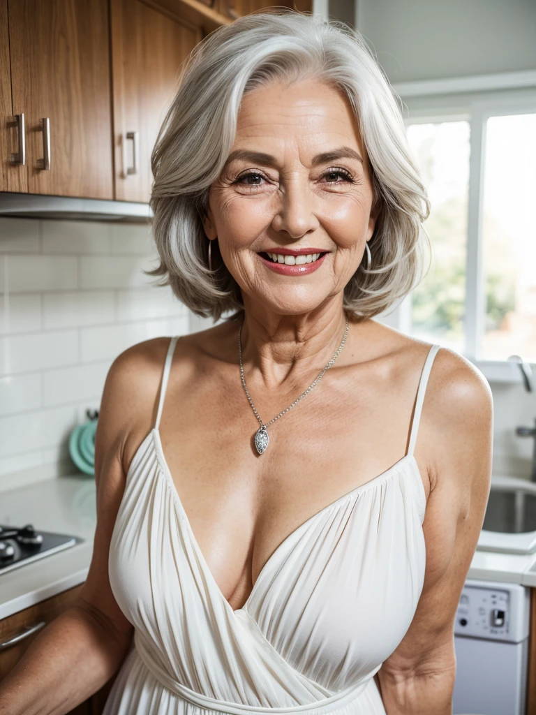 Mature old woman 80 years with hair, plus size, old face and body with many wrinkles, smiling, loose skin, standing at her sunny kitchen, She wearing white mini dress with deep neckline, wearing sexy white mini dress, old face and body with wrinkles, old face, bright makeup, red lips, attractive grandma, a gorgeous old long hair, beautiful old grandma, lovely older mature grandma, gorgeous beautiful grandma over 80 years old, beautiful silver hair grandma, a beautiful old granny
