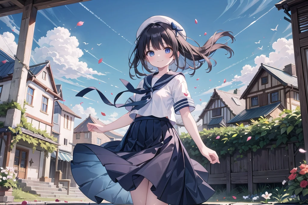 (masterpiece), town, blue sky, One Girl, smile, alone, Sailor suit、Long skirt, Overgrown, petal, plant、Skirt lining、Translucent slip、Nostalgic、Strong winds、Skirt fluttering in the wind