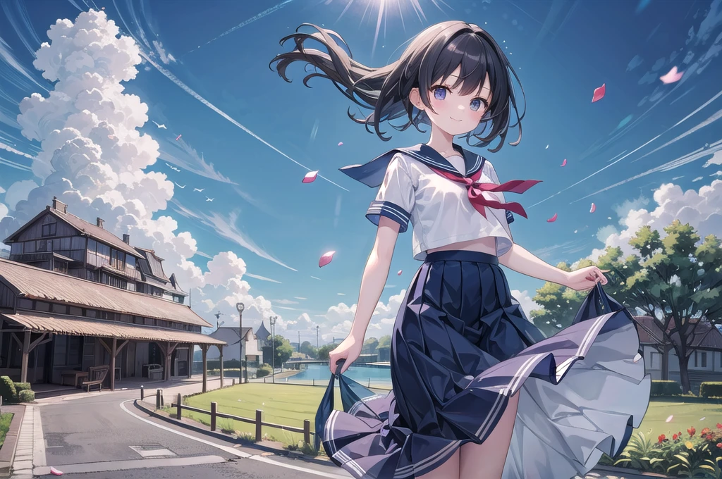 (masterpiece), town, blue sky, One Girl, smile, alone, Sailor suit、Long skirt, Overgrown, petal, plant、Skirt lining、Translucent slip、Nostalgic、Strong winds、Skirt fluttering in the wind